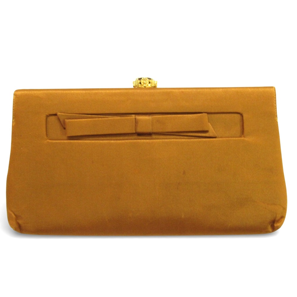 VINTAGE MEL-TON Golden Brown SATIN Stone Clamp LARGE BOW Clutch Bag w/MIRROR